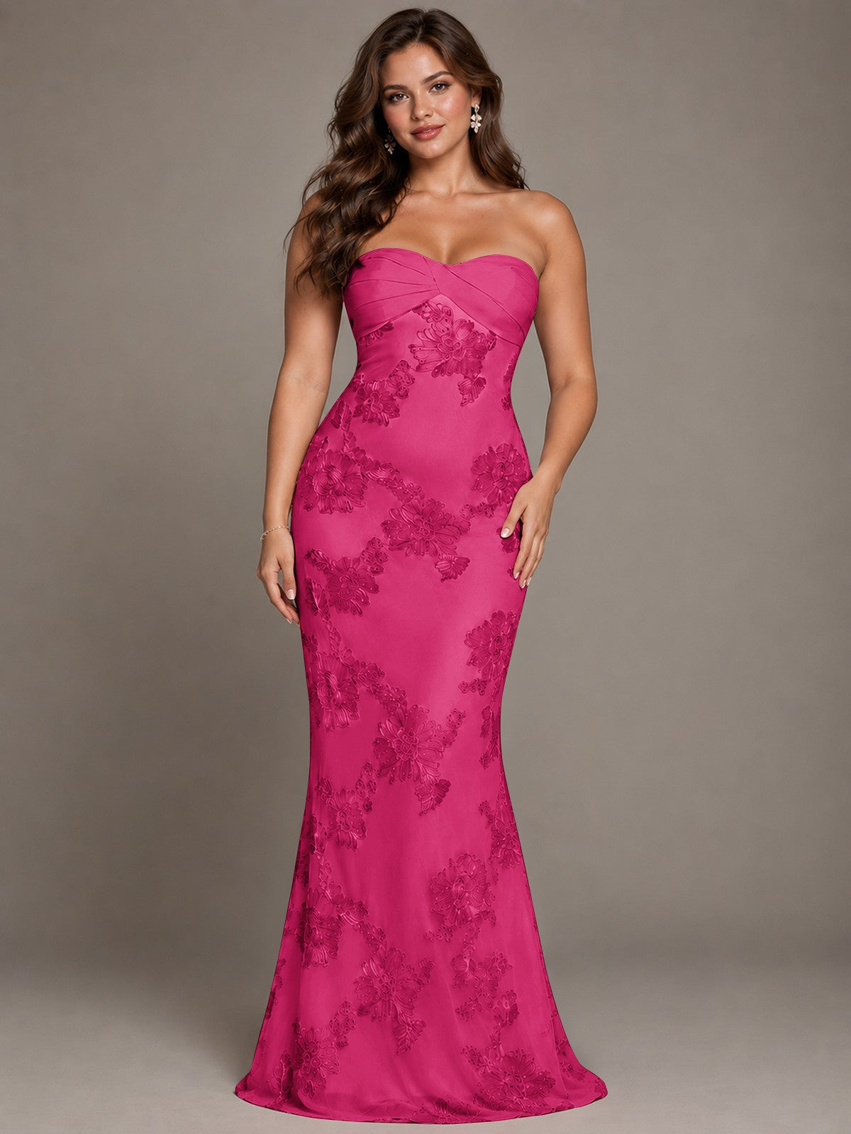 Strapless Floral Applique Mermaid Prom Dress
