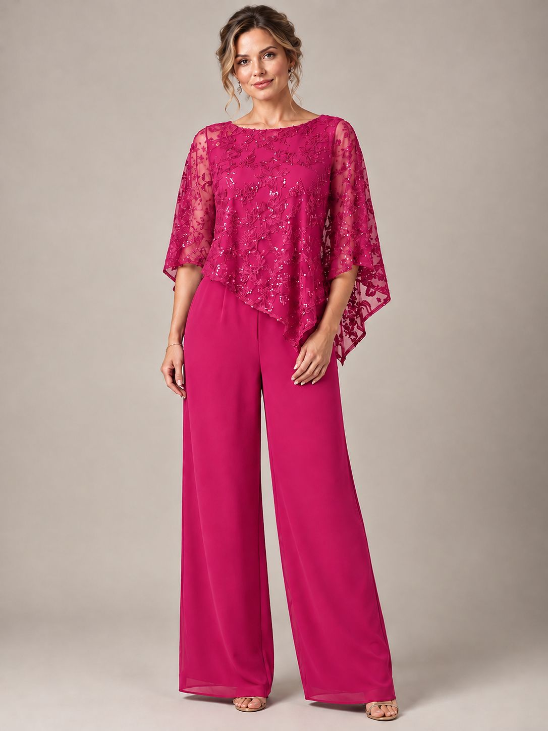 3/4 Sleeve Sequin Chiffon Jumpsuit with Cape
