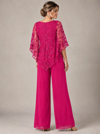 3/4 Sleeve Sequin Chiffon Jumpsuit with Cape
