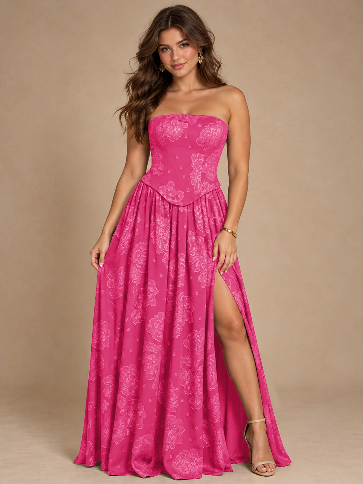 Chocolate Brown Floral Strapless Corset A-Line Evening Gown with Slit