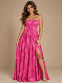 Chocolate Brown Floral Strapless Corset A-Line Evening Gown with Slit