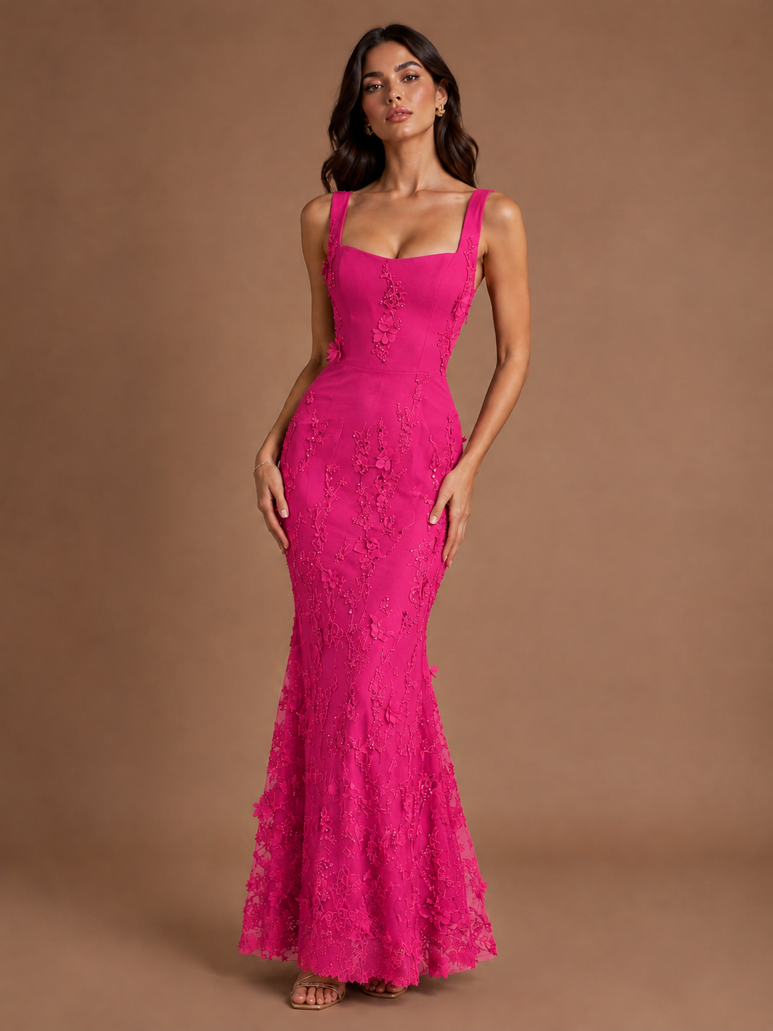 Floral Applique Mermaid Formal Dress with Lace-Up Back