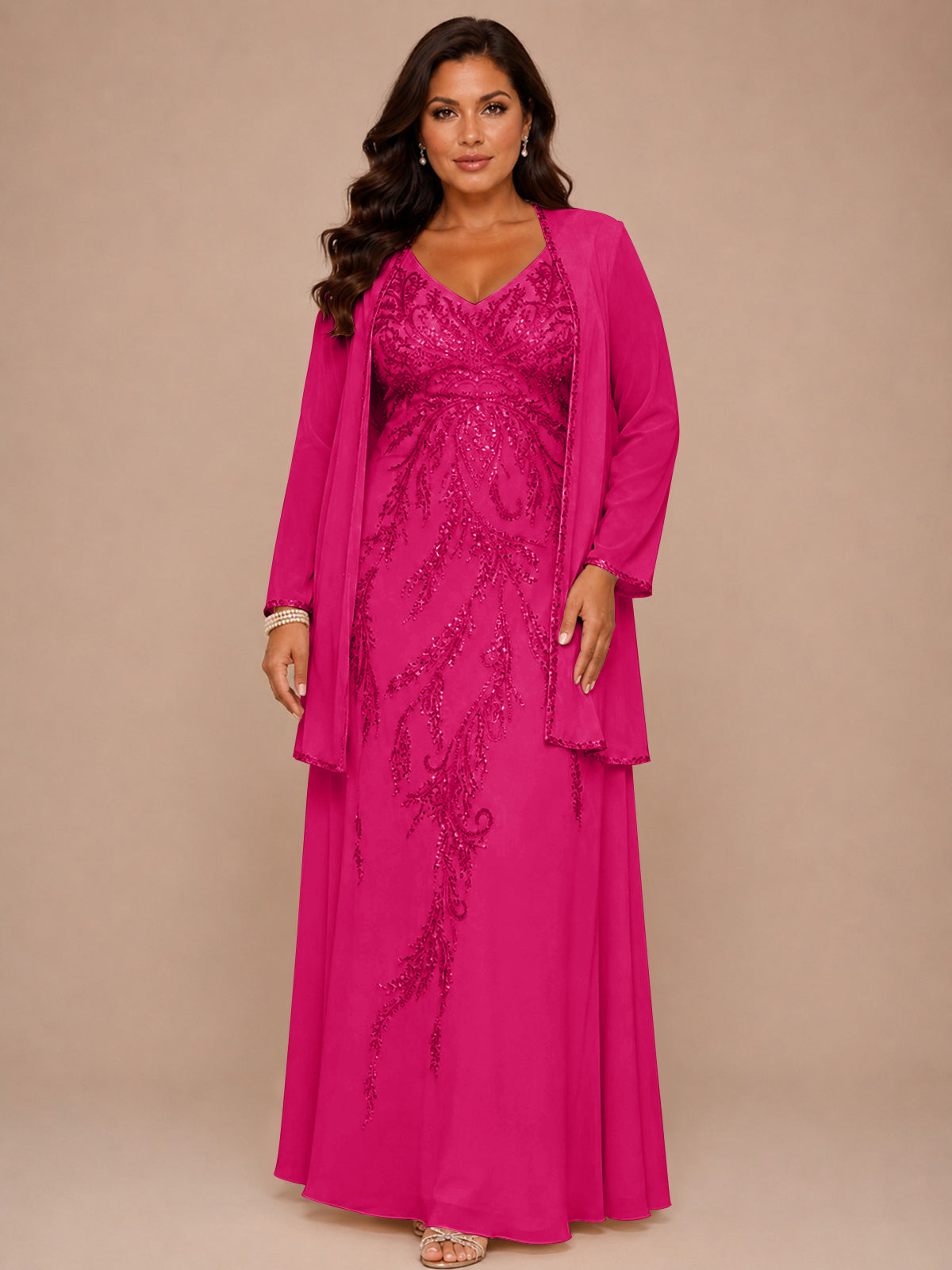 Champagne Beaded Chiffon Mother of the Bride Dress with Jacket V-Neck Gown