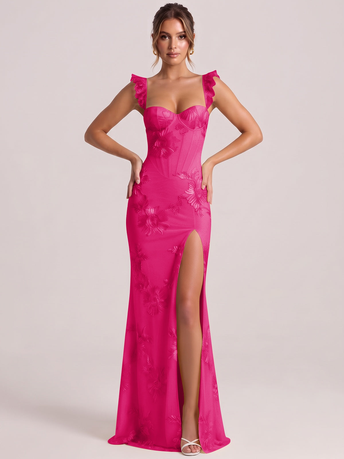 Sweetheart Floral Applique Corset Mermaid Prom Dress with High Slit