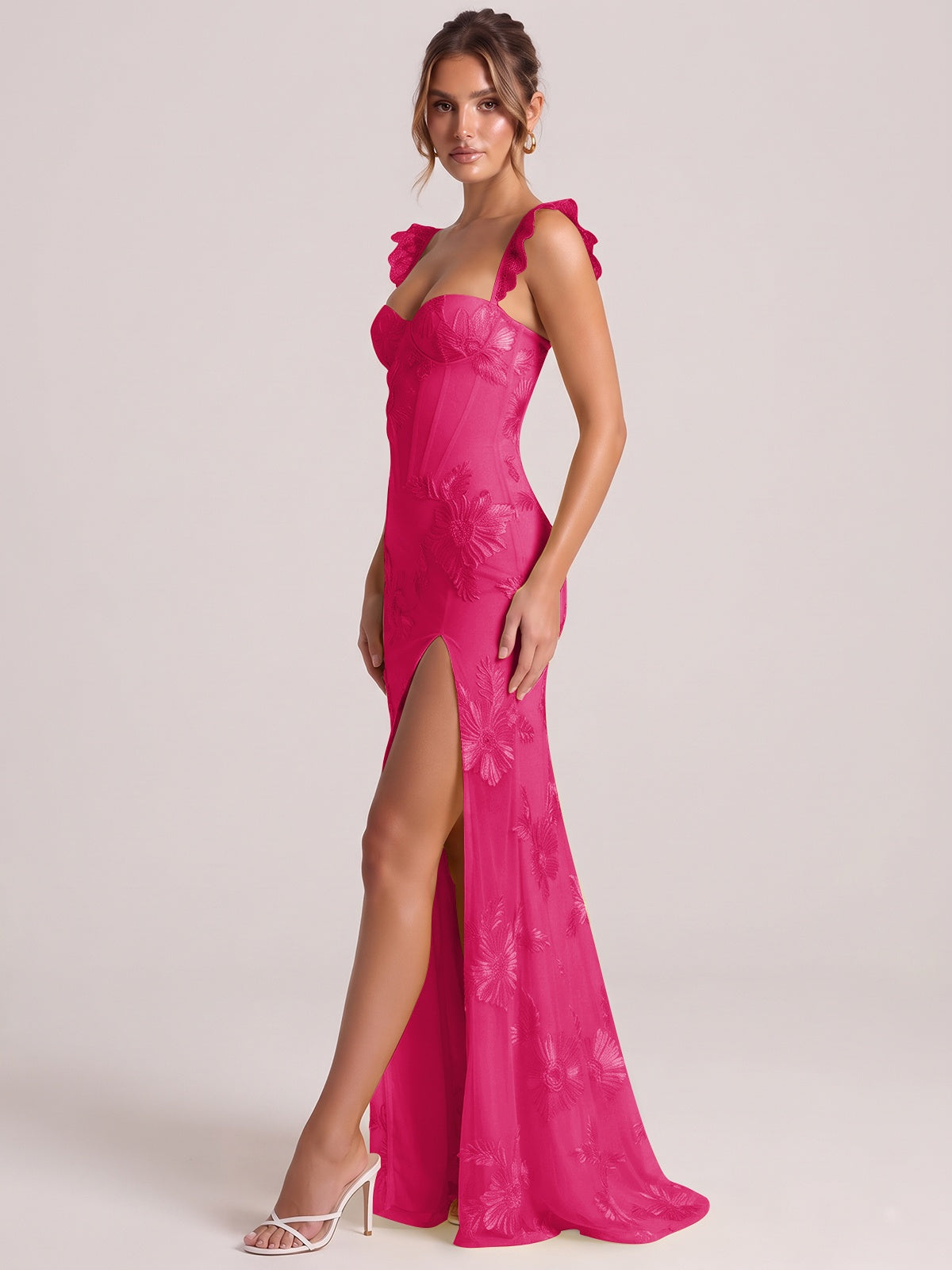 Sweetheart Floral Applique Corset Mermaid Prom Dress with High Slit