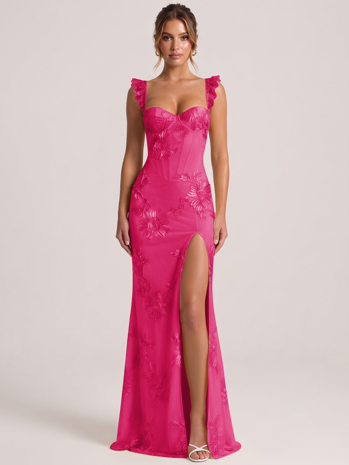 Hot Pink Sweetheart Floral Applique Corset Mermaid Prom Dress with High Slit Long Formal Evening Gown