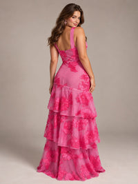 Hot Pink Halter Floral Applique Maxi Dress