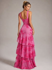 Hot Pink Halter Floral Applique Maxi Dress