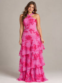 Hot Pink Halter Floral Applique Maxi Dress
