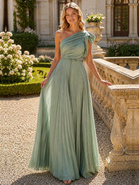 One Shoulder Pleated Chiffon A-Line Floor-Length Bridesmaid Dress
