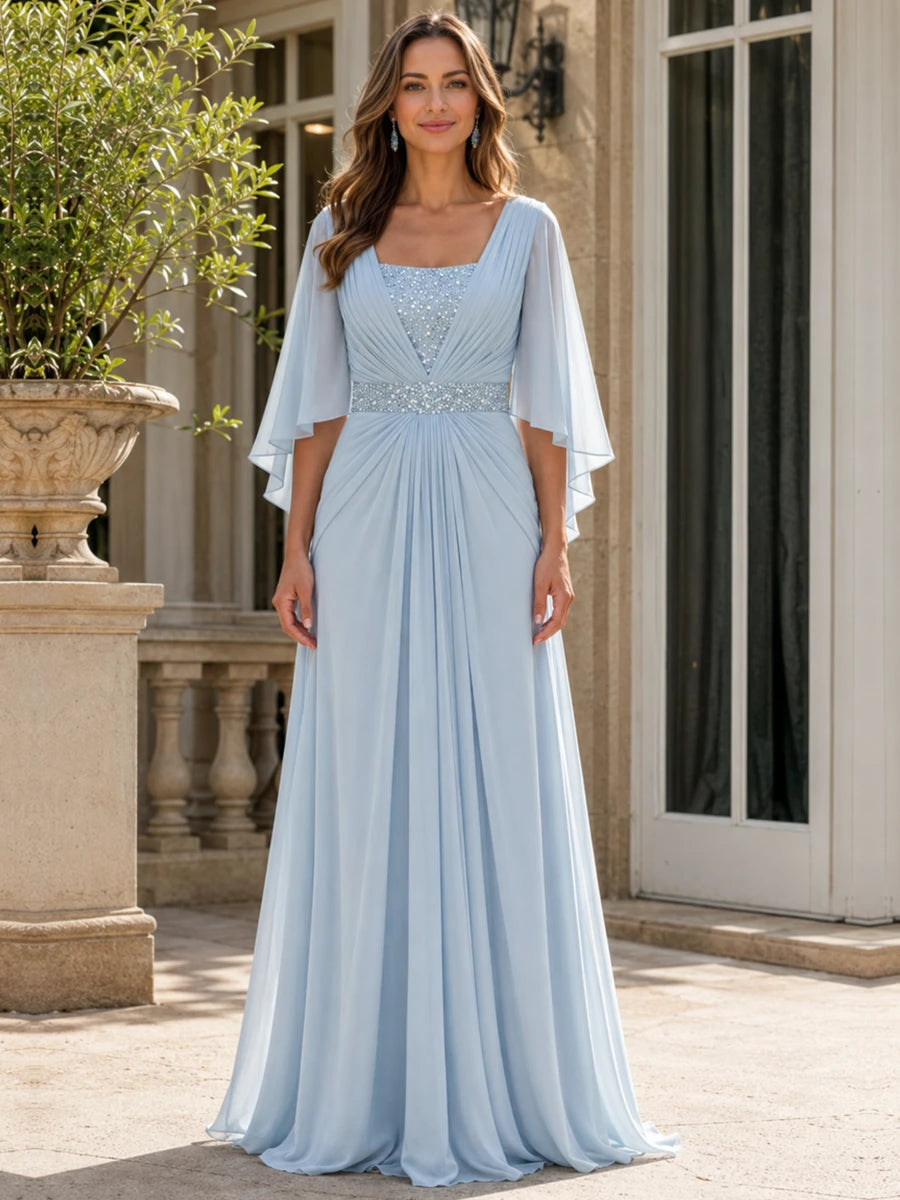 Elegant V-Neck Sequined Chiffon Mother of the Bride Dress with Flutter Sleeves