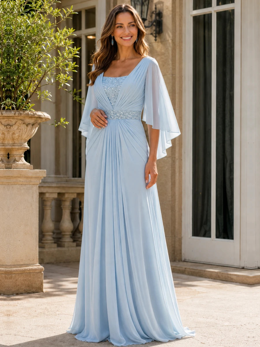 Elegant V-Neck Sequined Chiffon Mother of the Bride Dress with Flutter Sleeves