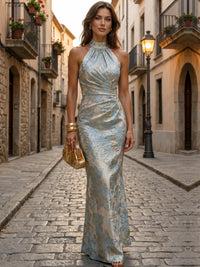 Halter Neck Floral Jacquard Evening Dress for Wedding Guest and Formal Events