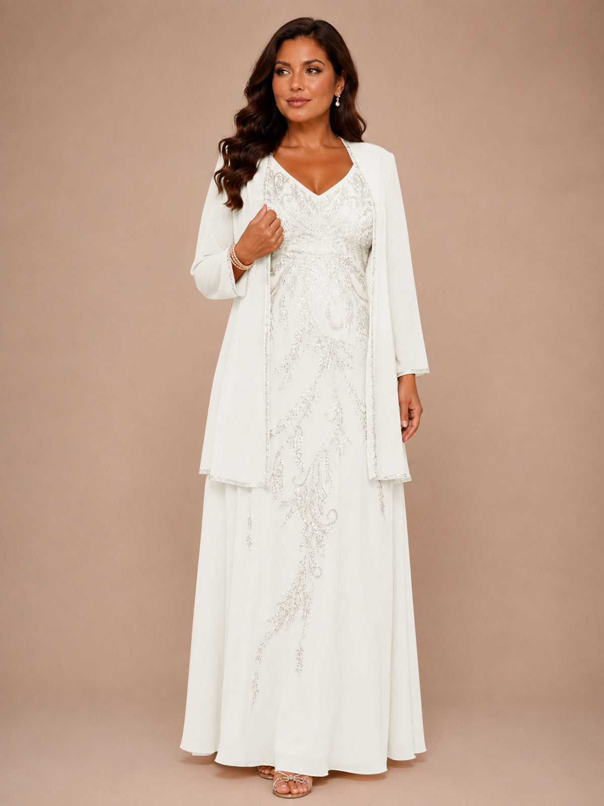 Champagne Beaded Chiffon Mother of the Bride Dress with Jacket V-Neck Gown