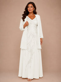 Champagne Beaded Chiffon Mother of the Bride Dress with Jacket V-Neck Gown