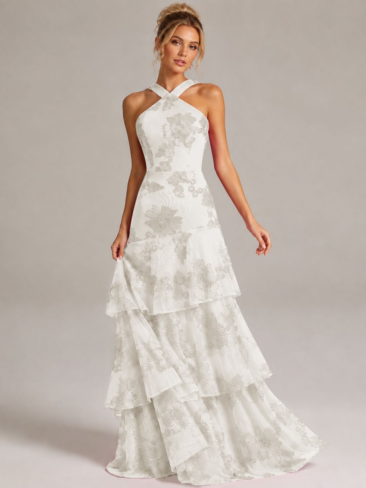 Tiered Ruffles Halter Floral Applique Prom Dress