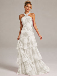 Tiered Ruffles Halter Floral Applique Prom Dress