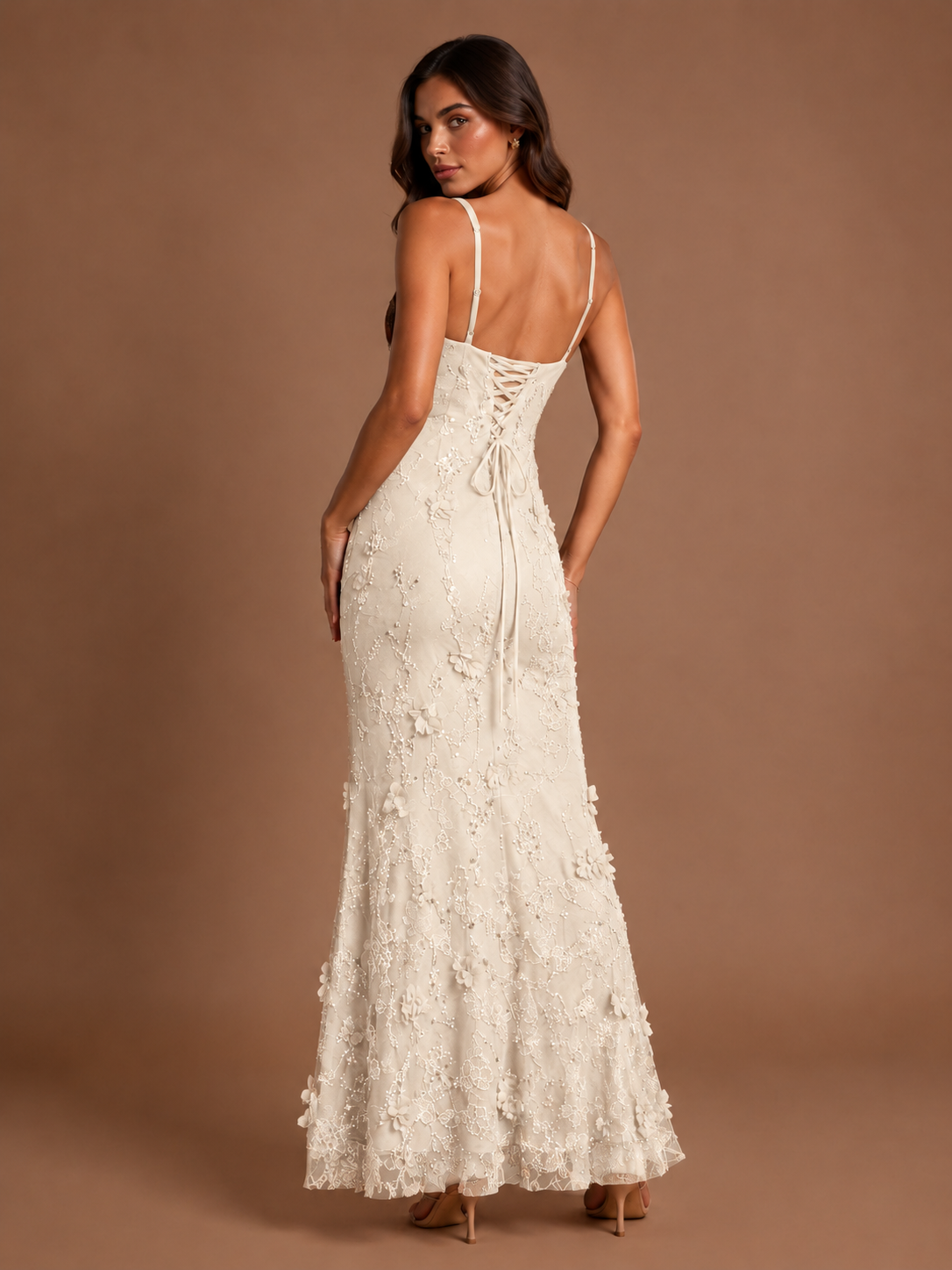 Floral Applique Mermaid Formal Dress with Lace-Up Back