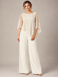 3/4 Sleeve Sequin Chiffon Jumpsuit with Cape