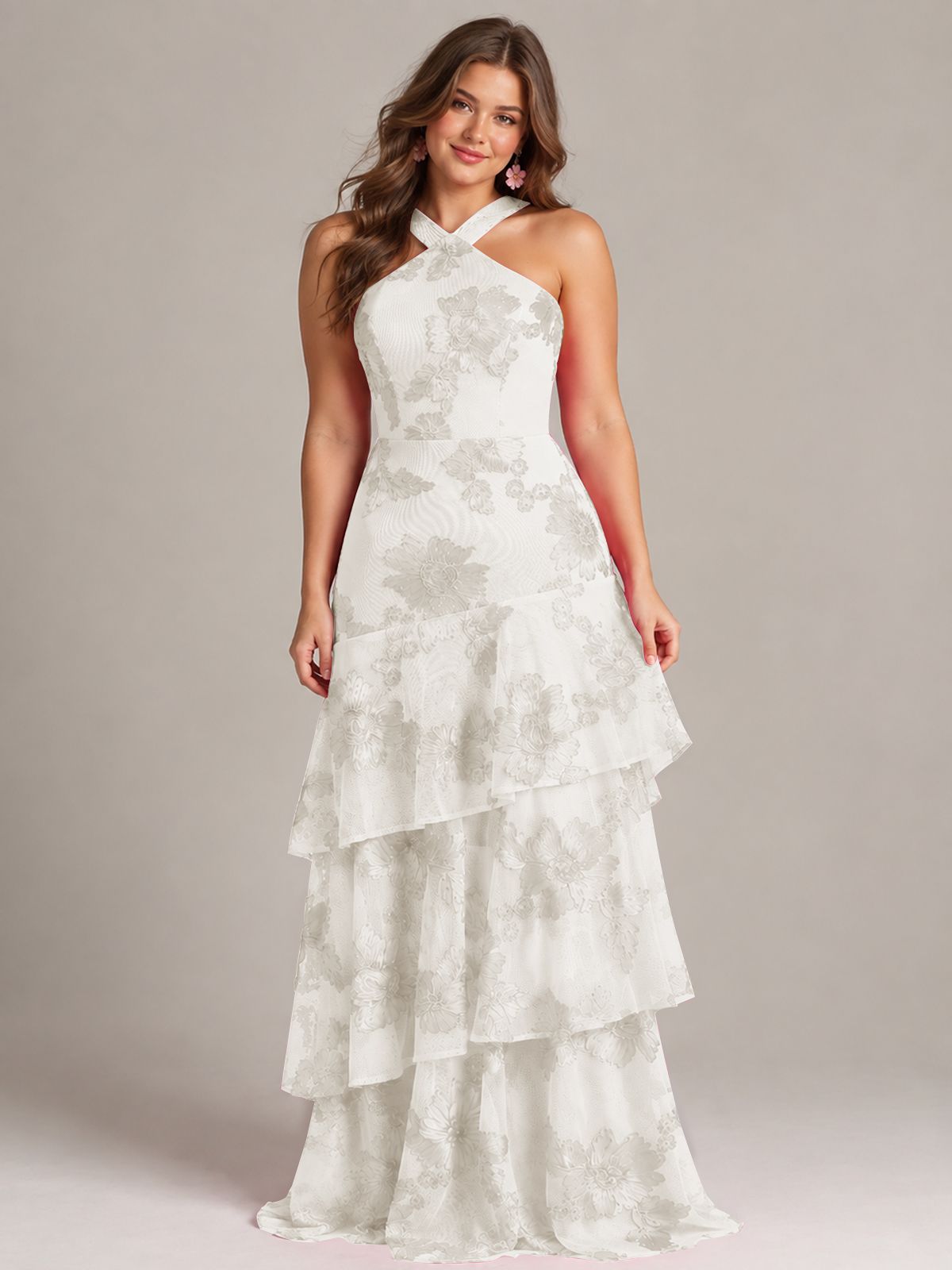 Tiered Ruffles Halter Floral Applique Prom Dress