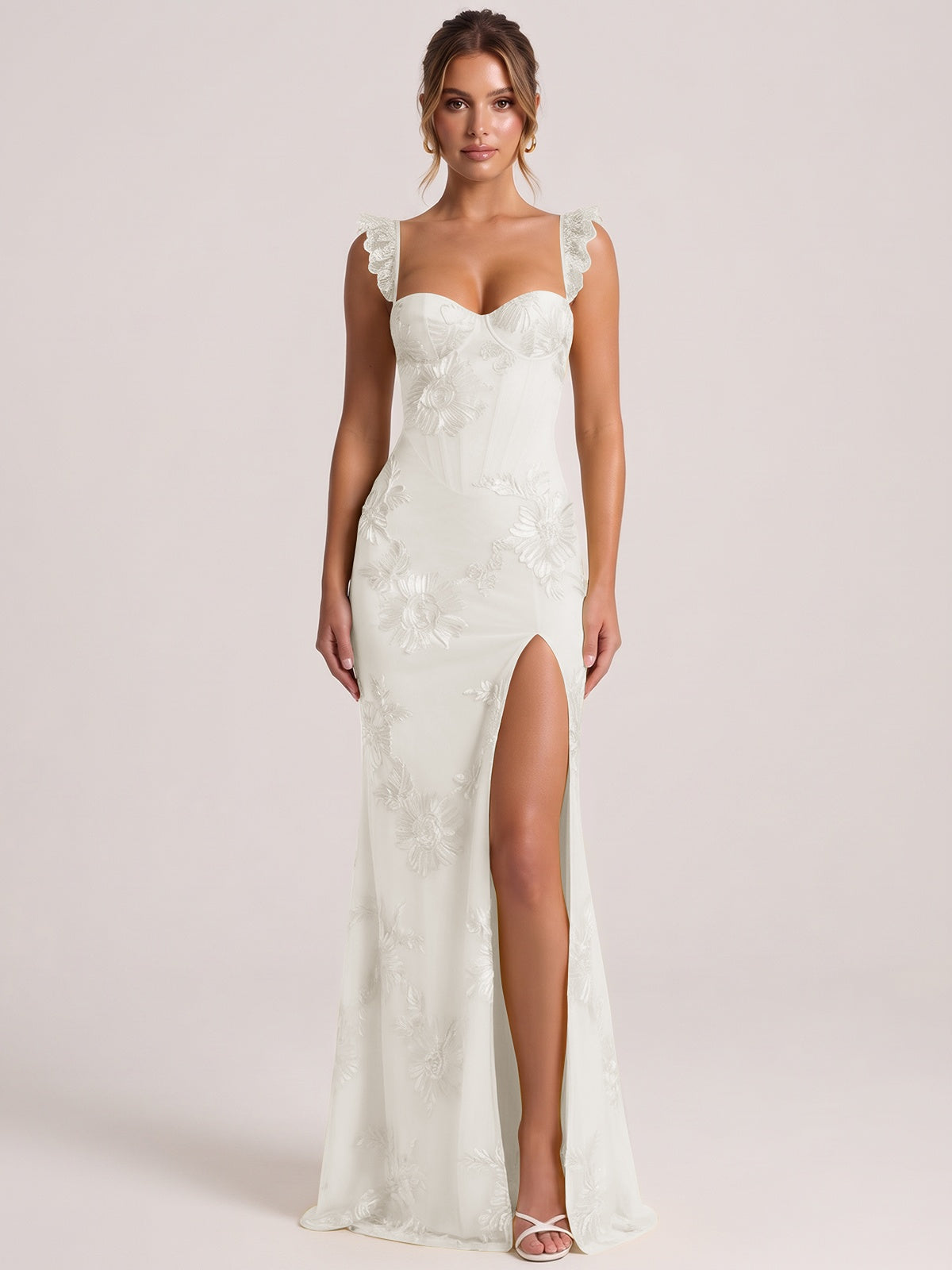 Ivory Sweetheart Floral Applique Corset Mermaid Prom Dress with High Slit Long Formal Evening Gown
