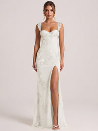Ivory Sweetheart Floral Applique Corset Mermaid Prom Dress with High Slit Long Formal Evening Gown