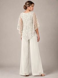 3/4 Sleeve Sequin Chiffon Jumpsuit with Cape