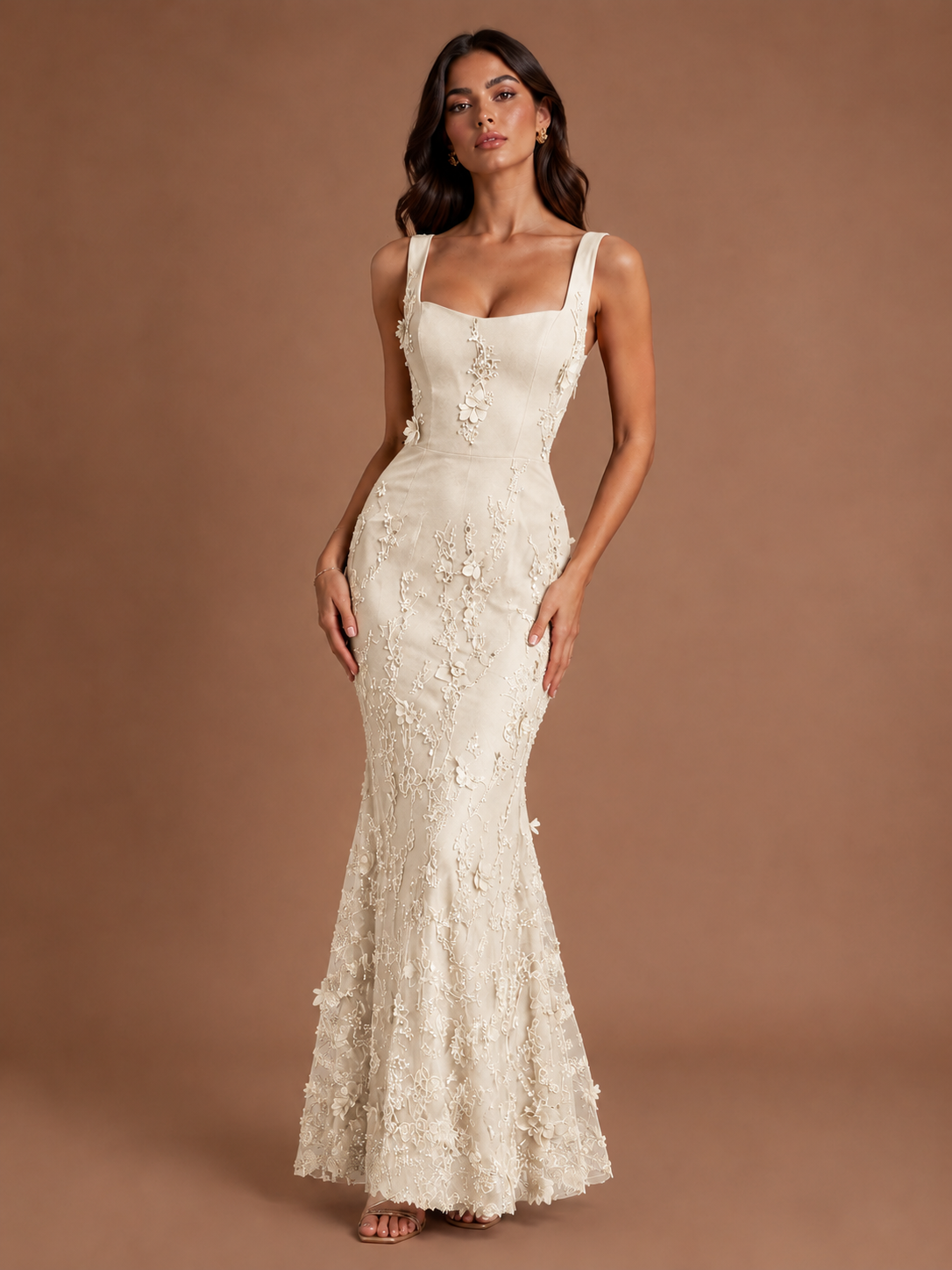 Floral Applique Mermaid Formal Dress with Lace-Up Back