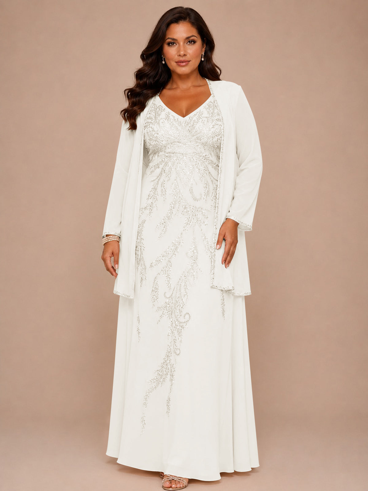 Champagne Beaded Chiffon Mother of the Bride Dress with Jacket V-Neck Gown