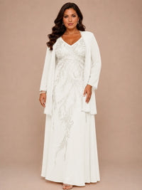 Champagne Beaded Chiffon Mother of the Bride Dress with Jacket V-Neck Gown