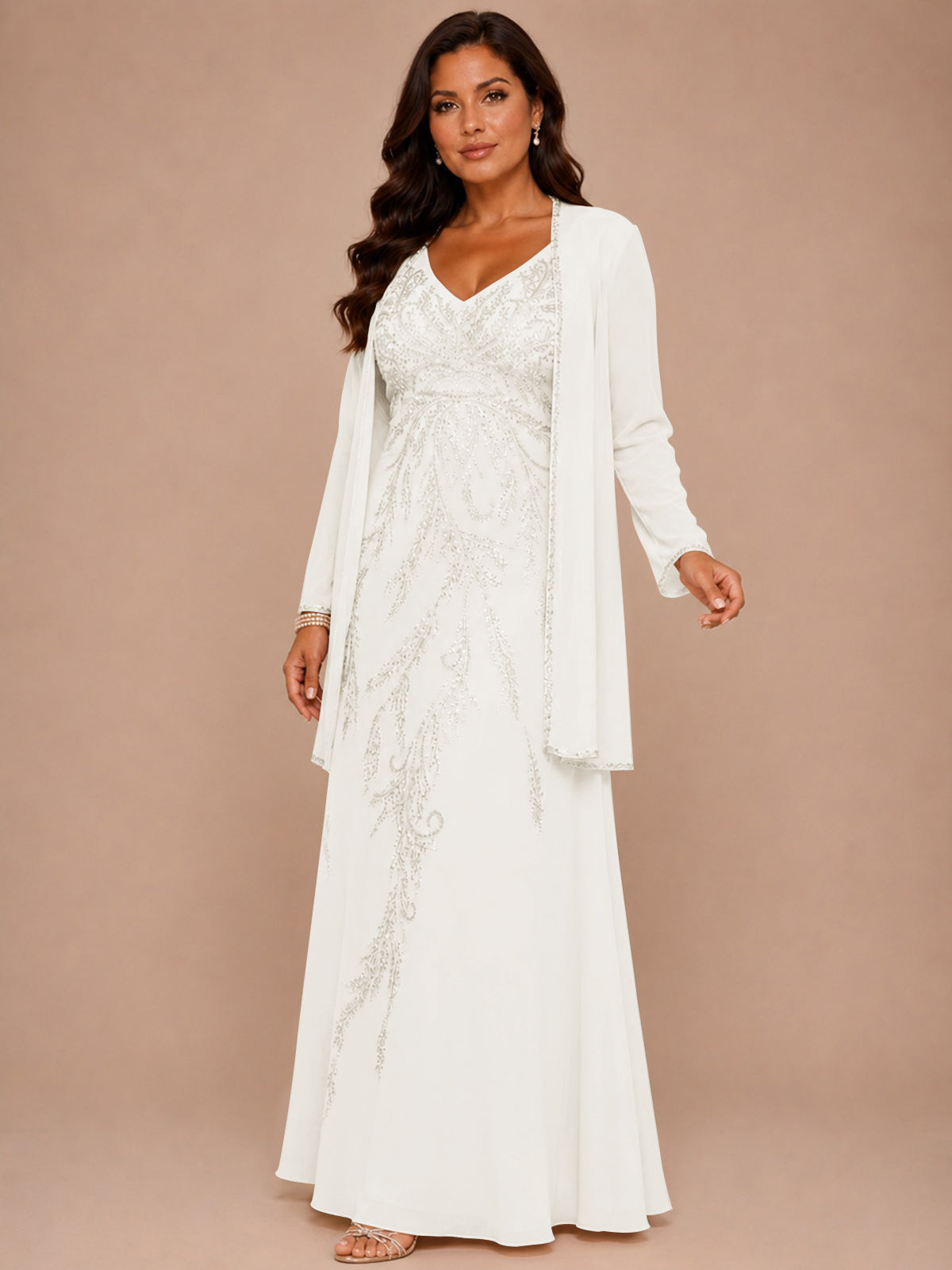 Champagne Beaded Chiffon Mother of the Bride Dress with Jacket V-Neck Gown