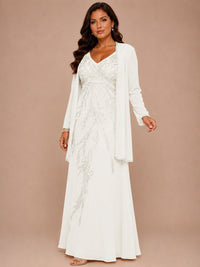 Champagne Beaded Chiffon Mother of the Bride Dress with Jacket V-Neck Gown