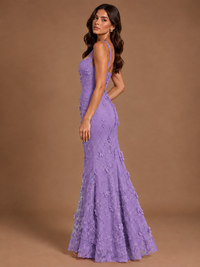 Floral Applique Mermaid Formal Dress with Lace-Up Back