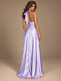 Burgundy Halter Deep V-Neck Ruched High Slit Ruffle Prom Dress