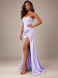 Burgundy Strapless Sparkly Corset Prom Dress with High Slit