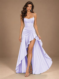 Burgundy Spaghetti Strap Ruched Prom Dress with Ruffled High Slit