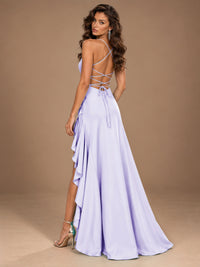 Burgundy Spaghetti Strap Ruched Prom Dress with Ruffled High Slit
