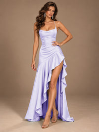 Burgundy Spaghetti Strap Ruched Prom Dress with Ruffled High Slit