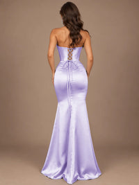 Dusty Blue Strapless Lace Corset Prom Dress with High Slit