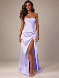 Burgundy Strapless Sparkly Corset Prom Dress with High Slit