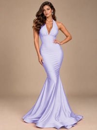 Pink Halter Deep V-Neck Ruched Mermaid Prom Dress