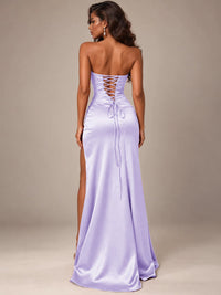 Burgundy Strapless Sparkly Corset Prom Dress with High Slit
