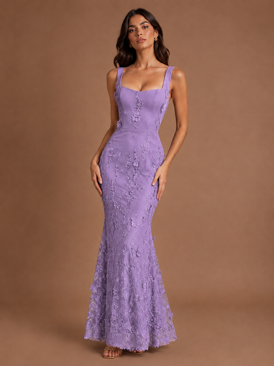 Floral Applique Mermaid Formal Dress with Lace-Up Back