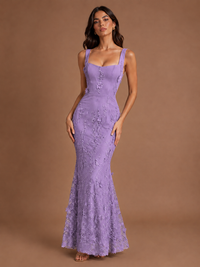 Floral Applique Mermaid Formal Dress with Lace-Up Back
