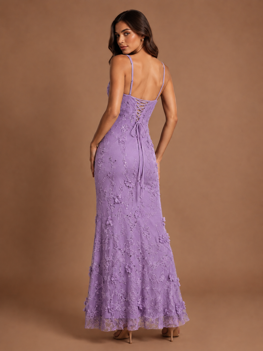 Floral Applique Mermaid Formal Dress with Lace-Up Back