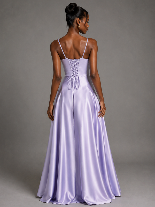 Lavender V Neck Satin Prom Dress with Spaghetti Straps