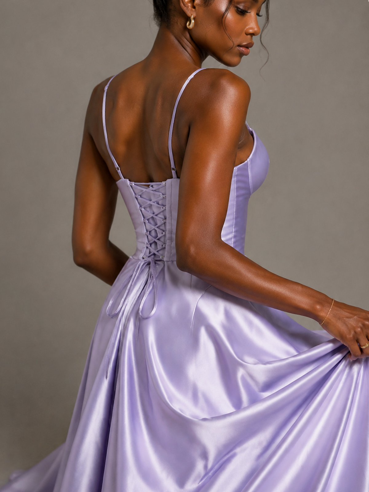 Lavender V Neck Satin Prom Dress with Spaghetti Straps