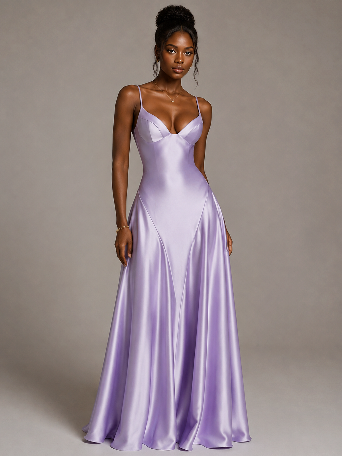 Lavender V Neck Satin Prom Dress with Spaghetti Straps