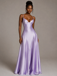 Lavender V Neck Satin Prom Dress with Spaghetti Straps