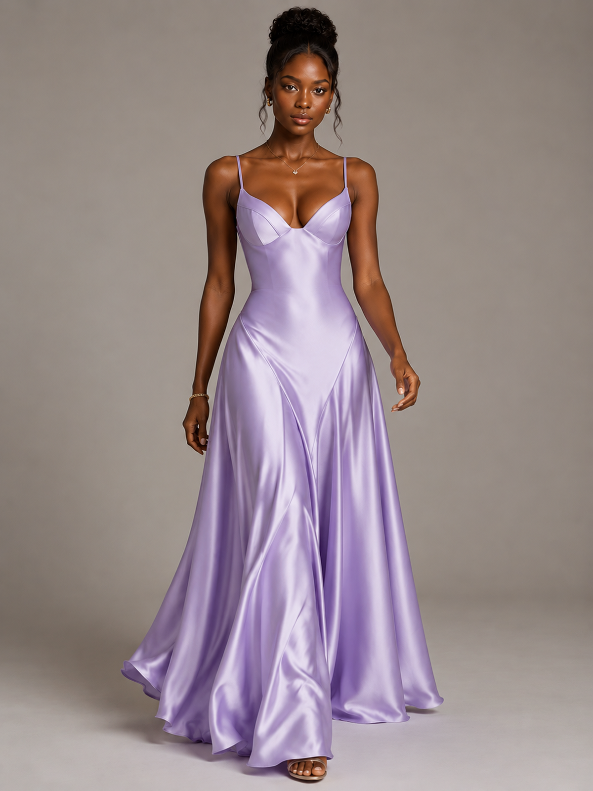 Lavender V Neck Satin Prom Dress with Spaghetti Straps